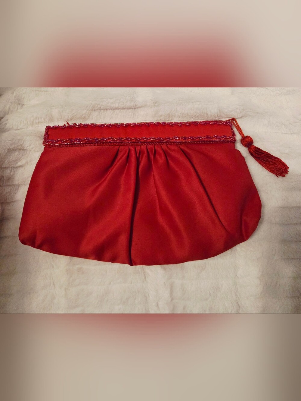 Vintage Red Satin Like Pleated Clutch with Beaded Trim